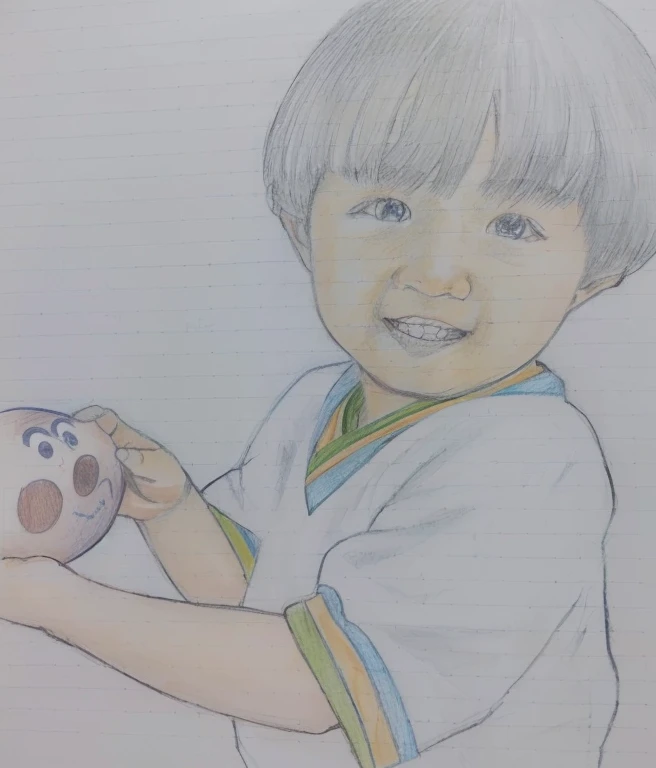 Realistic color photography style、Smiling emphasizes nasolabial folds. Make the chin a little thinner and accentuate the nasolabial folds.、I want it to look more like a color photograph............。3 year old boy, Xu々To、Clearly visible、鼻から口Toかけての深いほうれい線を強調します、Generate left and right dimples、Show me your beautiful smile.。Make your eyes look cute with double eyelids.