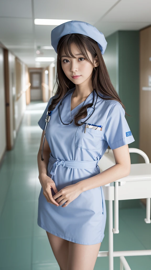 ((masterpiece,Highest quality)), (Like the picture:1.4),((Tabletop,8K)),High resolution,Studio Soft Light, Rim Light, Vivid details, Realistic skin texture,Japanese, One beautiful woman, Long Hair, Wavy Hair, Faint, thin bangs, compensate, 38 years old, Detailed skin, Nurse uniform,Nurse hat standing, Full body photo, View your viewers、Inside the hospital、Hospital corridor