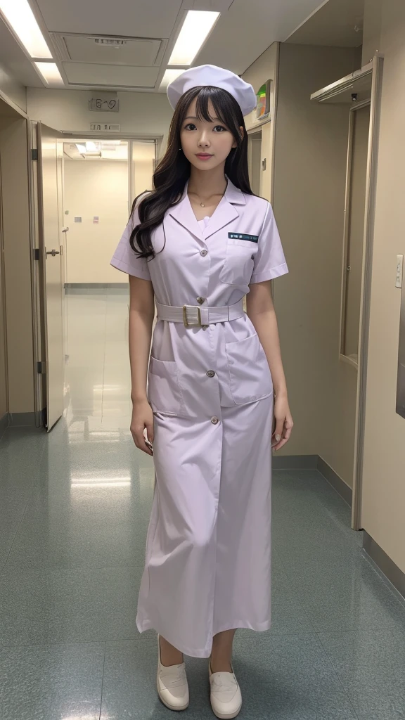 ((masterpiece,Highest quality)), (Like the picture:1.4),((Tabletop,8K)),High resolution,Studio Soft Light, Rim Light, Vivid details, Realistic skin texture,Japanese, One beautiful woman, Long Hair, Wavy Hair, Faint, thin bangs, compensate, 38 years old, Detailed skin, Nurse uniform,Nurse hat standing, Full body photo, View your viewers、Inside the hospital、Hospital corridor