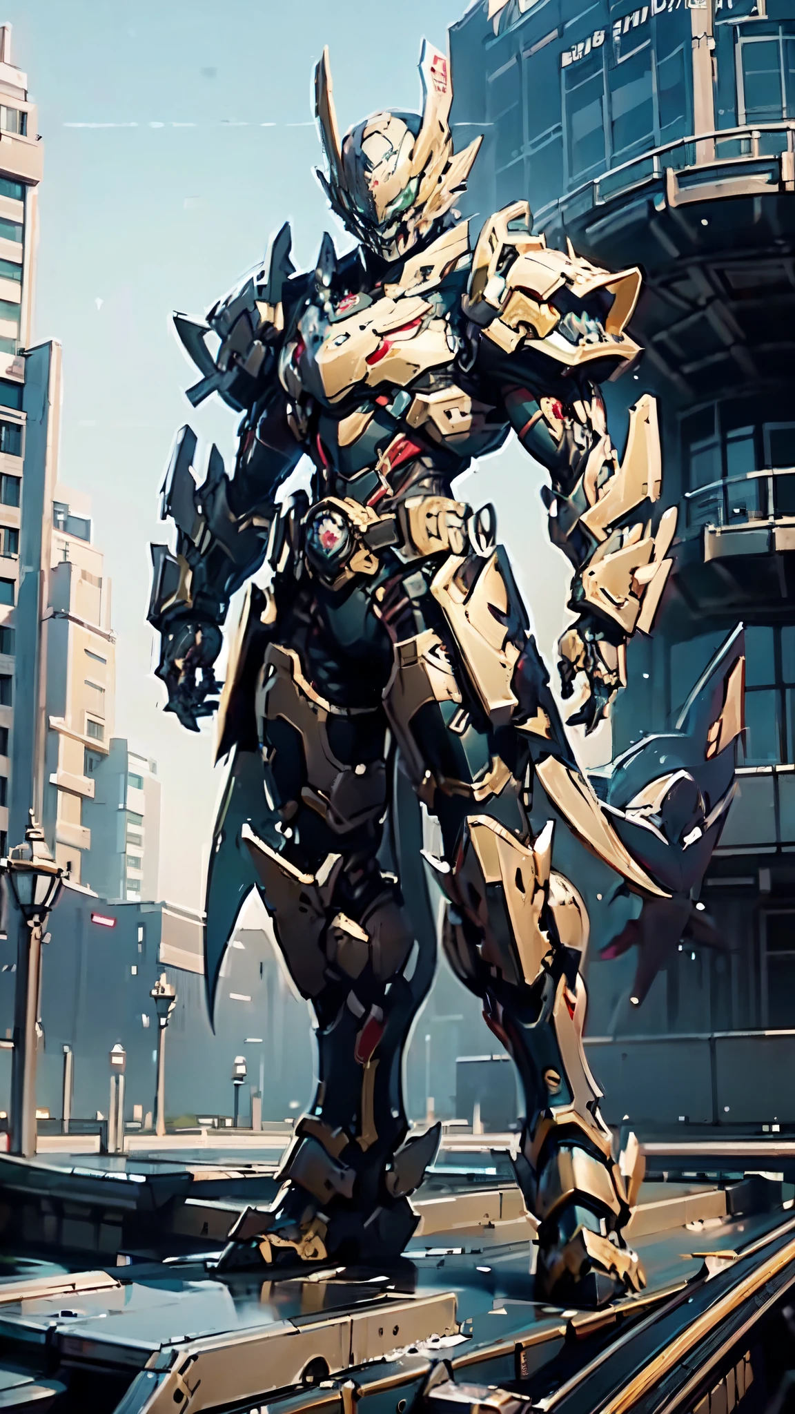 (masterpiece:1.5, best quality:1.5, extremely delicate:1.5, perspective:1.5, foreshortening:1.5, dynamic angle:1.5), a man wearing a full-face helmet, a fantasy-style biotech armored combat suit, green eyes, (a composite layered chest armor), fully enclosed shoulder guards, matching arm and leg guards, the belt is adorned with fangs biting into orbs, (the color scheme is primarily black with red accents), the design balances heavy with agility, a high-tech bio-mecha armor, (Armor Concept Inspired by Bat, stand on the top of a skyscraper in a futuristic sci-fi city), this character embodies a finely crafted fantasy-surreal style armored hero in anime style, exquisite and mature manga art style, (element, plasma, energy, the armor glows), ((male:1.5)), metallic, high definition, highres, ultra-detailed, ultra-fine painting, professional, perfect body proportions, golden ratio, anatomically correct, symmetrical face, extremely detailed eyes and face, high quality eyes, creativity, RAW photo, UHD, 32k, Natural light, cinematic lighting, masterpiece-anatomy-perfect