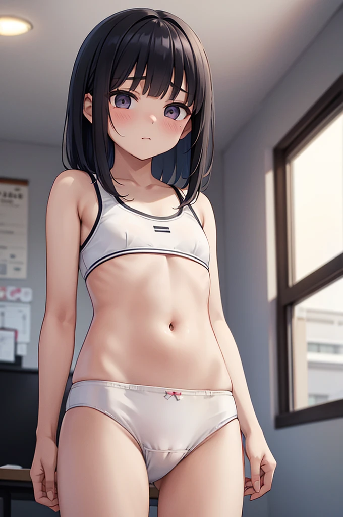 In underwear,Yukimi, ., Blunt bangs,Shortcuts,Black Hair,,Flat Chest, Expressionless, shy, whole body, Highest quality, School classroom、Angle from below、stand、White sports bra,(White panties:1.4)、Embarrassing,Put your hands behind your back