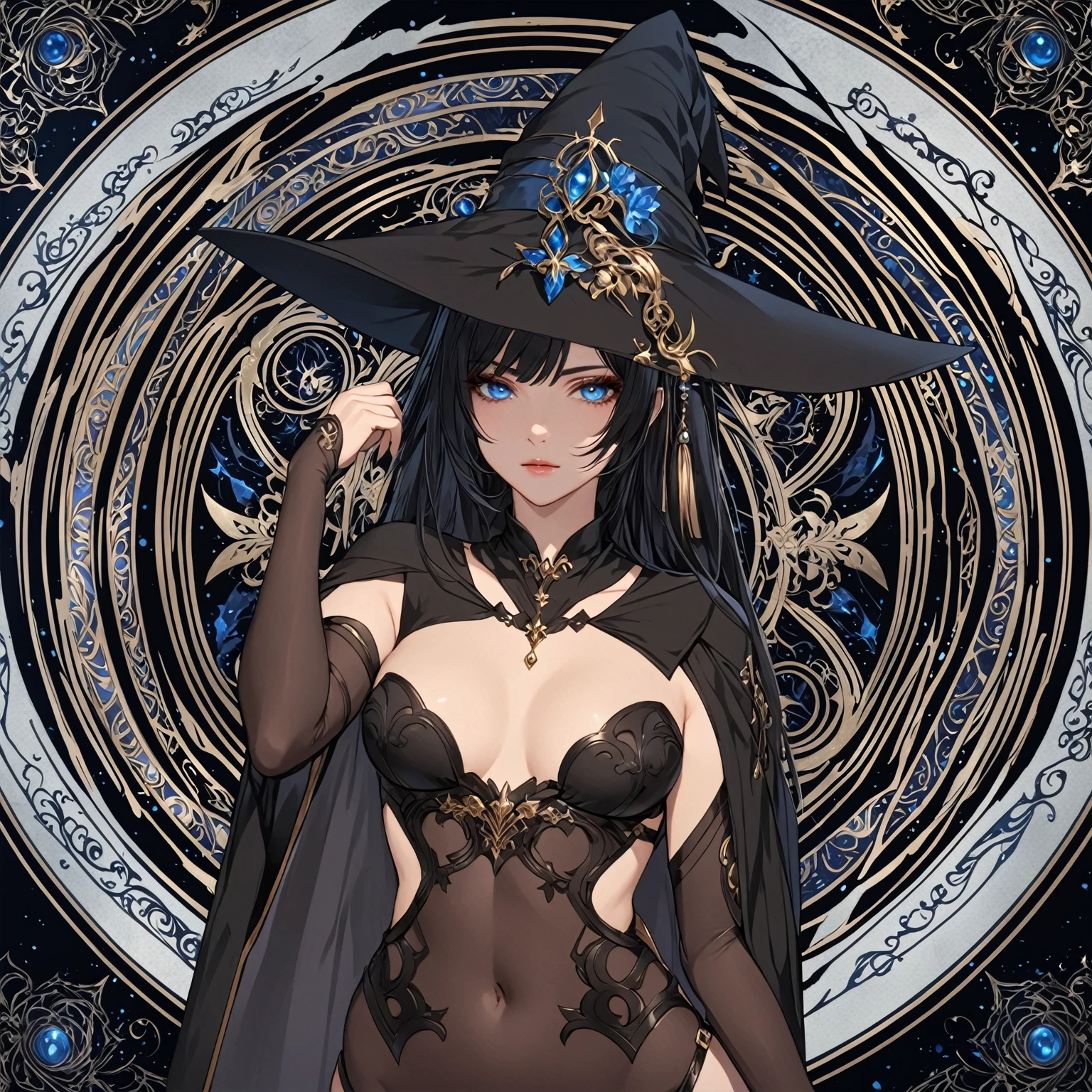 masterpiece, best quality, 1woman adult, female focus, solo, black hair, vibrant blue eyes, long hair, looking at viewer, closed mouth, bangs, Fantasy aesthetics, Highly detailed, shadowverse style, black attire, sorceress
