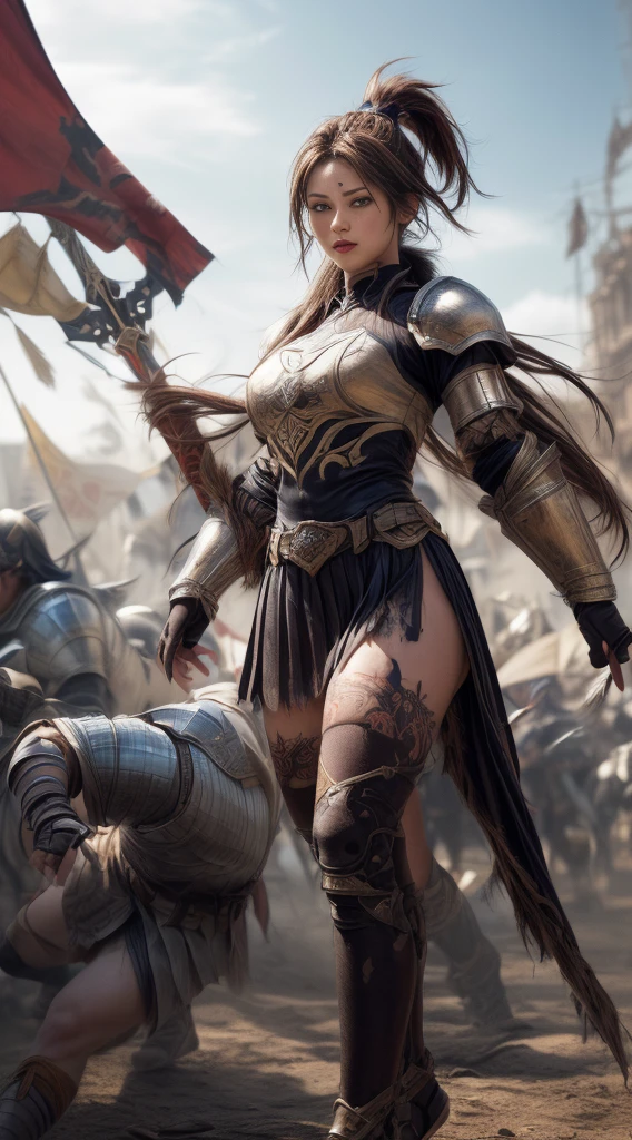 Very beautiful woman、Very tall woman、((muscle))、(Detailed face)、Leaping flying,face full of blood,blood everywhere,Fire horse on the back,Realistic elite battle、((Earth Knight)),( (iron warrior armor (Light brown and black armor: 1.25)))、((((Very delicate and decorated light brown and black armor))))、((Smooth photo)),(RAW Girl Photo Details Astepeace:1.25), (highest quality:1.6), (超High resolution:1.5), (Realistic:1.75 ), 8K Resolution, Canon EOS R5, 50mm, absurd, Highly detailed, Cinematic Lighting, Medieval European Battlefields、( (battle))、RPG World、Final Fantasy、(((Decorated skirt)))、Thigh-high socks、Shin Guards、evening、((((Messy middle part with high ponytail))))、((Get it package six))、Torn Cloak、((Beautiful Armor))、(((Large weapon)))、In battle 、The wind blows、(((Leading a large group of knights: 1.3)))、(((Knight Commander)) )、(Banner)、Great Ape Emblem、(((Light brown as main color))) 、(((black tribal tattoo)))、Dust、(((Wearing fur)))、(Rocky area)、(( (Battle Scene)))
