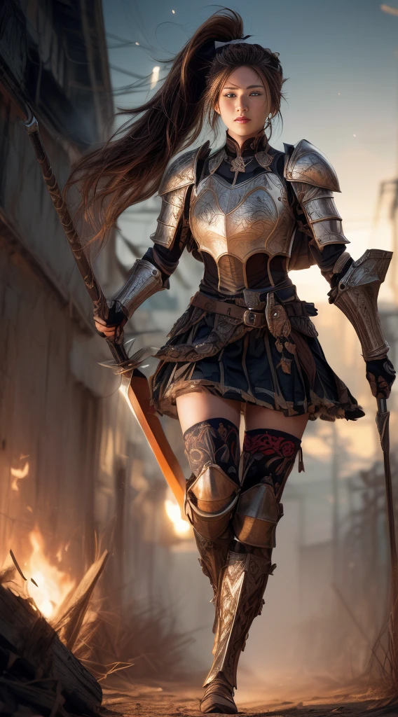 Very beautiful woman、Very tall woman、((muscle))、(Detailed face)、Leaping flying,face full of blood,blood everywhere,Fire horse on the back,Realistic elite battle、((Earth Knight)),( (iron warrior armor (Light brown and black armor: 1.25)))、((((Very delicate and decorated light brown and black armor))))、((Smooth photo)),(RAW Girl Photo Details Astepeace:1.25), (highest quality:1.6), (超High resolution:1.5), (Realistic:1.75 ), 8K Resolution, Canon EOS R5, 50mm, absurd, Highly detailed, Cinematic Lighting, Medieval European Battlefields、( (battle))、RPG World、Final Fantasy、(((Decorated skirt)))、Thigh-high socks、Shin Guards、evening、((((Messy middle part with high ponytail))))、((Get it package six))、Torn Cloak、((Beautiful Armor))、(((Large weapon)))、In battle 、The wind blows、(((Leading a large group of knights: 1.3)))、(((Knight Commander)) )、(Banner)、Great Ape Emblem、(((Light brown as main color))) 、(((black tribal tattoo)))、Dust、(((Wearing fur)))、(Rocky area)、(( (Battle Scene)))