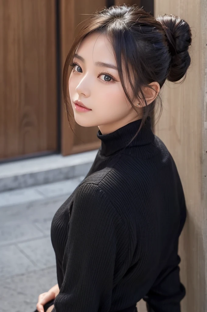 Bun hairstyle without bangs、Black clothes、Large chest、Eyes wide open、Asian Woman