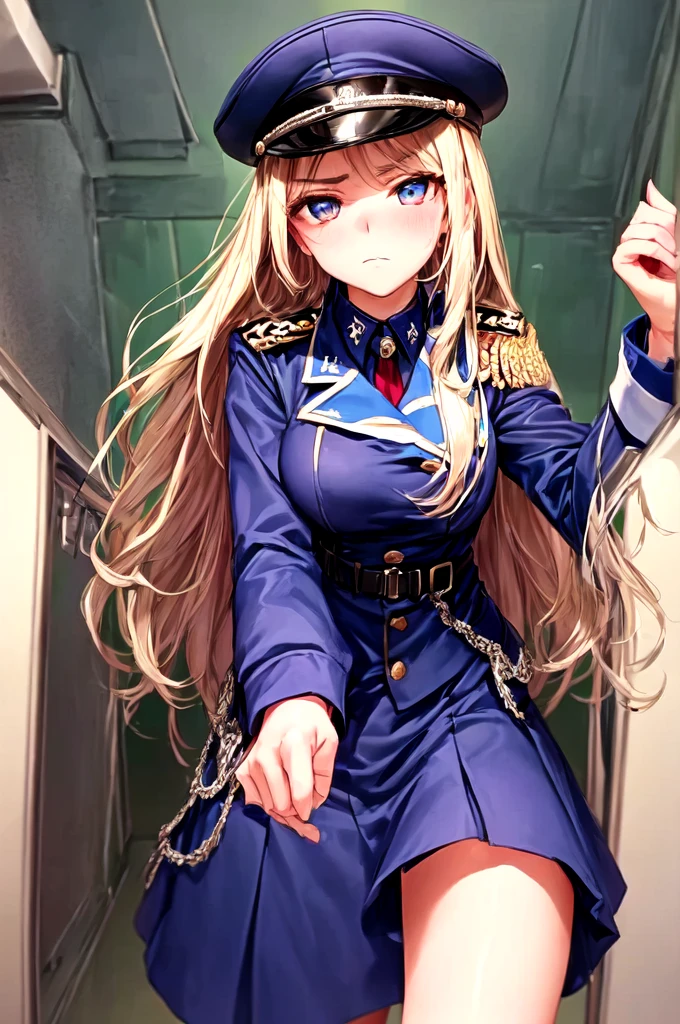 1 girl, sfw, beautiful girl, high quality, 18 years old, dictator, dictator hat, arrogant behave, arrogant, frustrated, outside, public, nazis, angry, (looking down the viewer), low angle, from below
