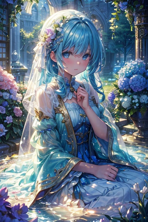 (high quality, 8K), (Soft Light), Iridescent, One Girl, Detailed face, Beautiful Eyes, watercolor paiting, So magical and dreamy, Dreamy details, Dreamy atmosphereとドラマ, Gorgeous atmosphere, Fantastic and beautiful lighting, Dreamy atmosphere, Beautiful atmosphere, Dreamy Romantic, Fantastic and dreamy theme, Magical atmosphere, Beautiful atmosphere, Anime Background Art, Magical atmosphere + Tabletop, Dreamy aesthetics, Beautiful details with atmosphere, Lots of flowers, bubble, water, garden, Sit on the ground, Shining Eyes