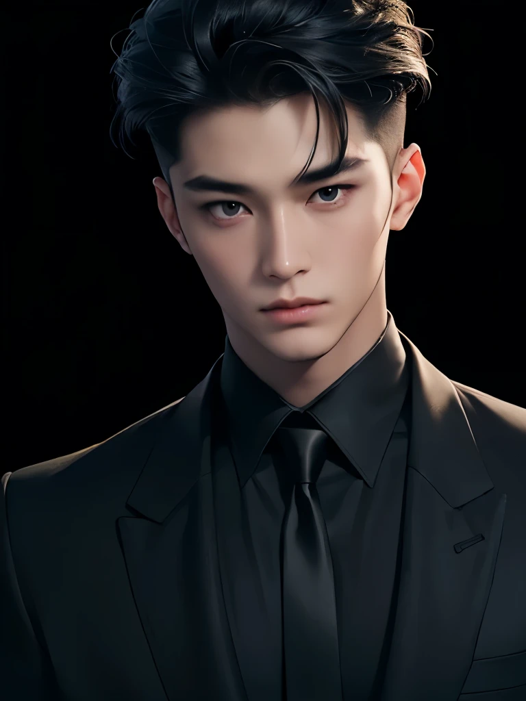 ((best quality, 8K, masterpiece: 1.3)), (sharp focus: 1.2), Korean Man, black suit, clean, black hair, fair skin, Temptation, black shirt, black background, looking down, asian face, sexy