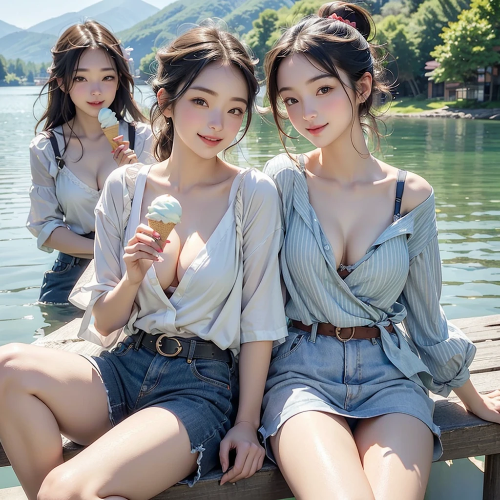 Highest quality、High resolution、Detailed Background、(Beautiful face in every detail:1.4)、Anatomically correct、(Detailed facial expressions)、(Fine grain:1.2)、(Fine grain:1.2)、age Beauty、(Highly detailed face:1.4)、Cute hair colors、ponytail、Bobcut、Cute hairstyle、well-groomed eyebrows、Jokingly、Big smile、Do cute things、Fits on one screen、
(Two beautiful girls eating ice cream to beat the heat at a summer resort:1.5)、
She looks cute eating and licking ice cream with a smile on her face..、
light dress、Flower and fruit pattern、Brightly colored and patterned dresses, stripes, etc.、
Pair it with cool shoes like sandals or espadrilles..、
Off-the-shoulder tops in bright colors and vibrant patterns、Denim shorts for a light look、A shirt dress is an item that gives a clean impression..、
Brightly colored or striped shirt dresses、Tie the belt around your waist to enhance your style。、
Lake Kawaguchi and the Yamanashi Five Lakes:Located at the foot of the mountain. Fuji Mountain, Lake Kawaguchi and the Five Lakes are a summer resort surrounded by beautiful nature.、Walking along the lake and taking a boat ride、. Fuji Mountain.
((((Emphasize cleavage))))
((((Panties and bra are visible))))