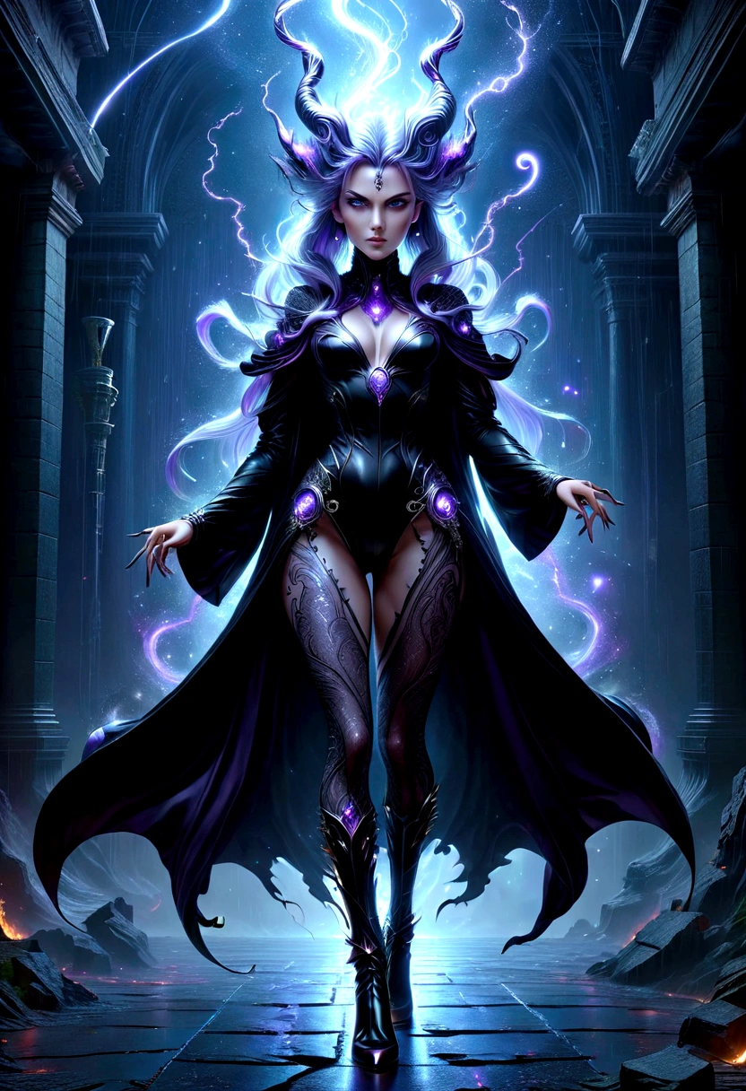 Super sexy powerful sorceress creating an earthquake with magic, beautiful image, highly detailed, dark robes, stockings, boots, dynamic pose, maximalist, Character focus ,sci-fi, looks into camera, (highly detailed face 1.6), (detailed legs 1.2), (detailed feet 1.2), full body image, science fiction, beautiful image, highly detailed, maximalist, dark anime, rain, neon, darkness, highly detailed, maximalist, cinematic