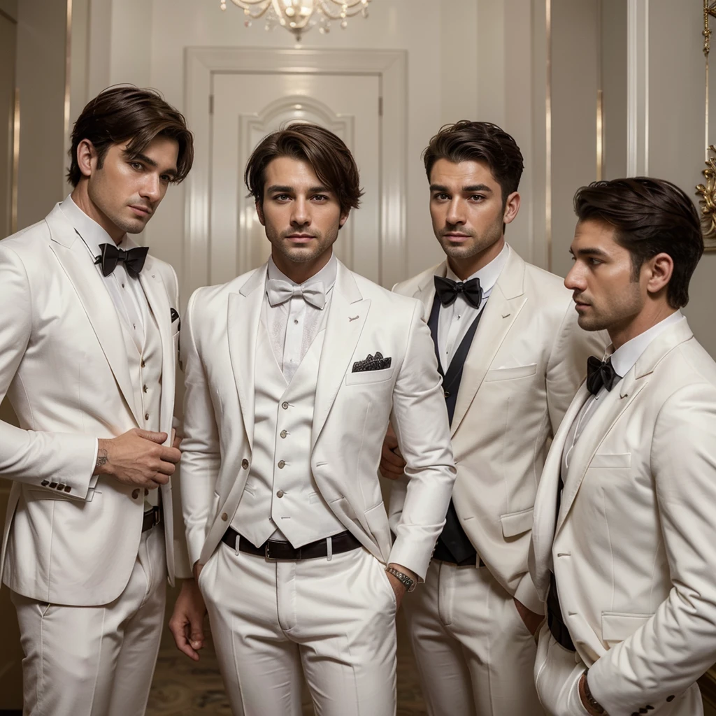 Three 30 -year-old men , with a masculine appearance, wearing a white suit. The scene depicts a masterpiece of art, showcasing the men professional and wealthy lifestyle. The image is of the best quality, with ultra-detailed features. The color tone is rich and vibrant ,masterpiece, ultra realistic, detailed face, detailed fingers