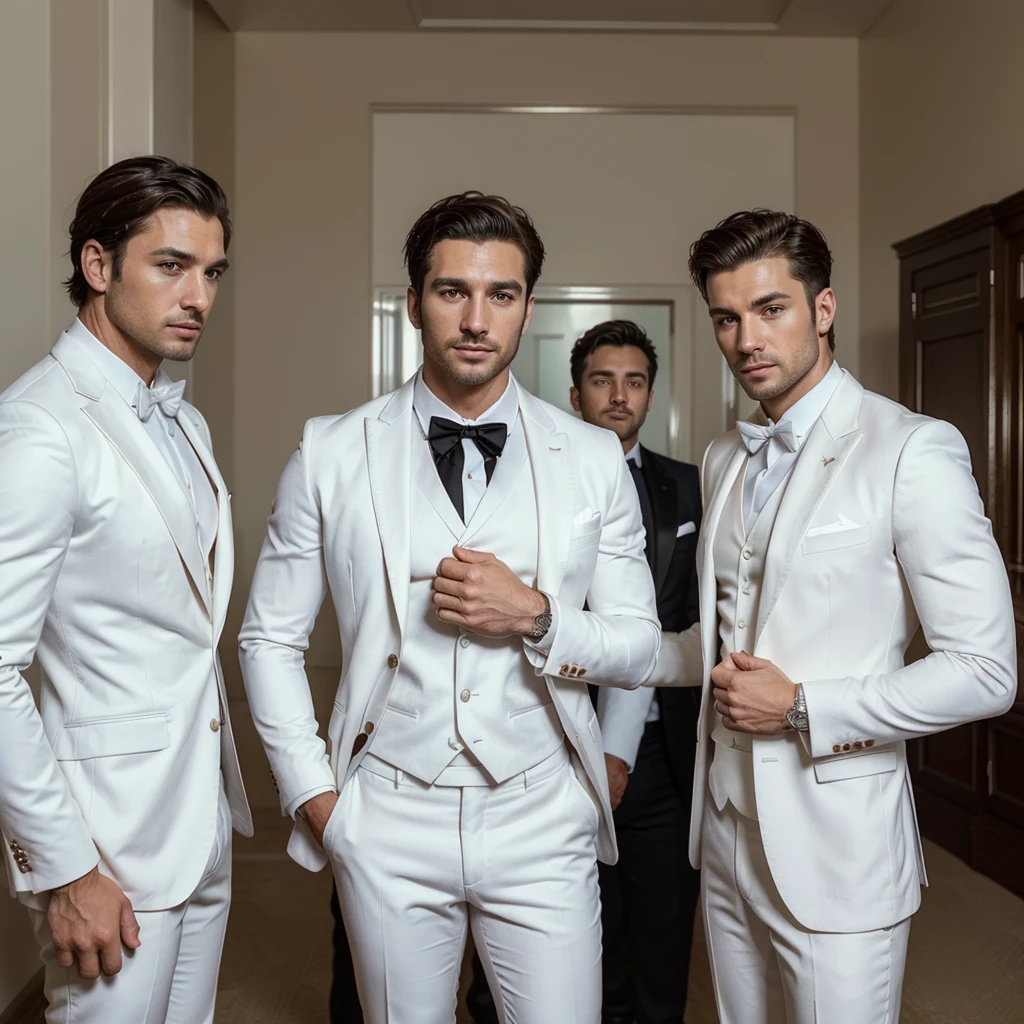 Three 30 -year-old men , with a masculine appearance, wearing a white suit. The scene depicts a masterpiece of art, showcasing the men professional and wealthy lifestyle. The image is of the best quality, with ultra-detailed features. The color tone is rich and vibrant ,masterpiece, ultra realistic, detailed face, detailed fingers
