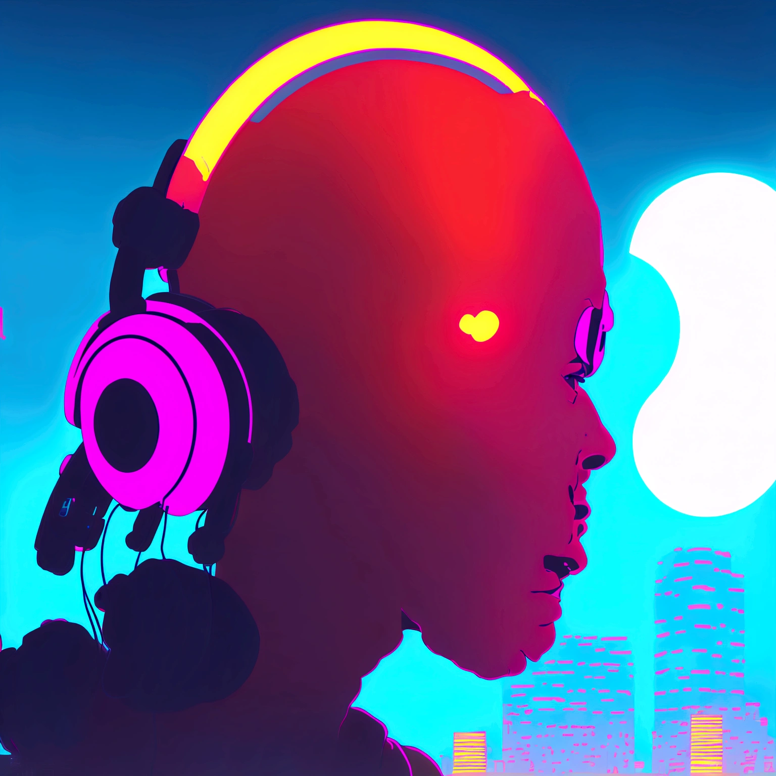 a close up of a person wearing headphones in front of a city, lofi portrait, lofi artstyle, ( ( ( synthwave ) ) ), procreate illustration, synthwave art style ]!!, [ synthwave art style ]!!, synthwave inspired, [ synthwave art style ]!! ]!!, synthwave art style, (synthwave)