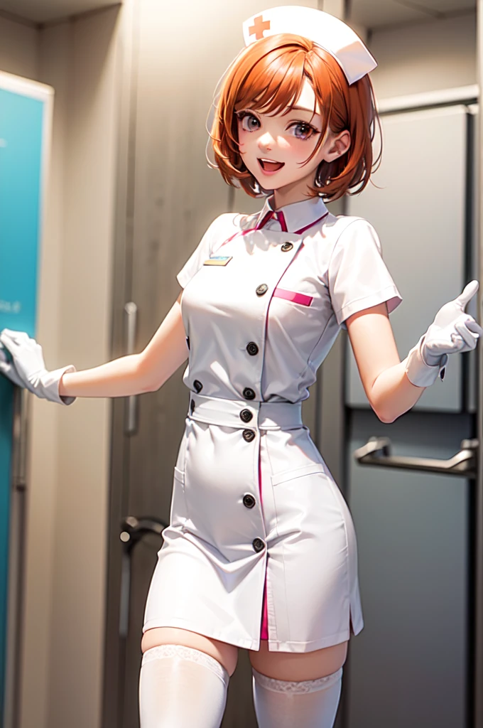 1girl, solo, nurse, nurse cap, white nurse uniform, ((white legwear, zettai ryouiki)), white gloves, very short hair, orange hair, smile, open mouth, standing, ((hospital room)), sharp outline, short sleeves, tomboy, boyish, best quality, masterpiece