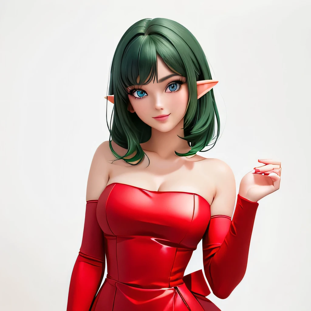 ((masterpiece,best quality,ultra-delicate,Perfect Face,16k,high resolution,very beautiful girl)),Medium short green hair:1.2, sexy pose,Red strapless bodycon tube dress ,Red long arm sleeves,red high heels,Elf Girl,large Breasts,blue eyes,Beautiful smile,20 years old