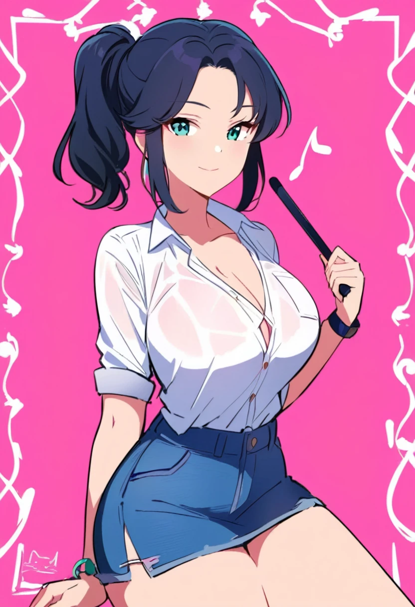 20 years old,1 girl, extremely thick thighs, hyperrealistic, 8k, (extremely detailed 8k), (very delicate and beautiful), (masterpiece), (better quality:1.0), (ultra high resolution:1.0), (masterpiece, best quality), cute,black hair,big breasts,leaning forward,ponytail,upper body,POV,breast hold,overalls,bust shot