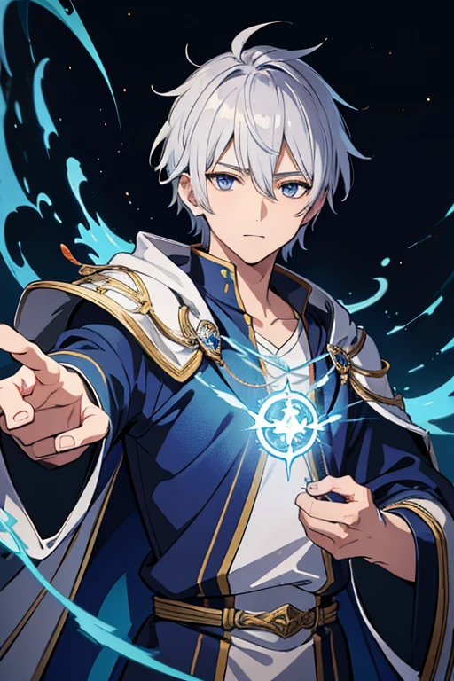 masterpiece, Highest quality, High resolution，Anime Style、Anatomically correct、Silver Hair、Short Hair、male、Wizard、Robe、magic、Blue flames flying around, blue flames、Upper body only