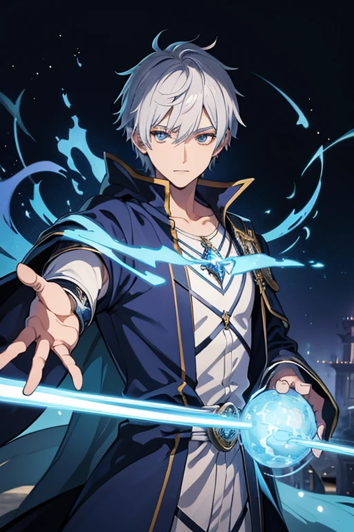 masterpiece, Highest quality, High resolution，Anime Style、Anatomically correct、Silver Hair、Short Hair、male、Wizard、Robe、magic、Blue flames flying around, blue flames、Upper body only