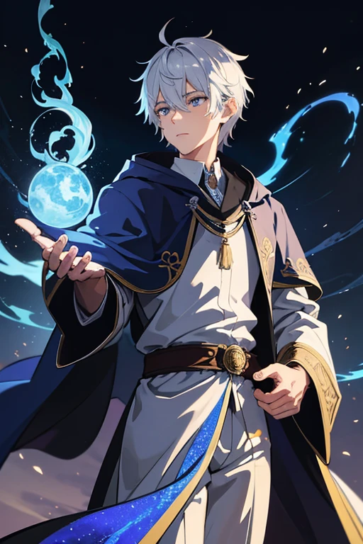 masterpiece, Highest quality, High resolution，Anime Style、Anatomically correct、Silver Hair、Short Hair、male、Wizard、Robe、magic、Blue flames flying around, blue flames、Upper body only