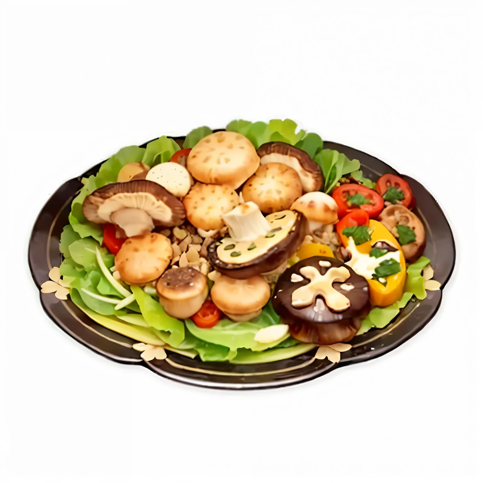 there is a plate of food with mushrooms and vegetables on it, salad, made of mushrooms, Game image, unknown, mushrooms, ❤🔥🍄🌪, mushroom, mushrooms and peyote at the base, hen of the woods mushrooms, vegetable, delicious food, dark mushroom, cooking, stew, Qatar, By Kama Guka, delicious