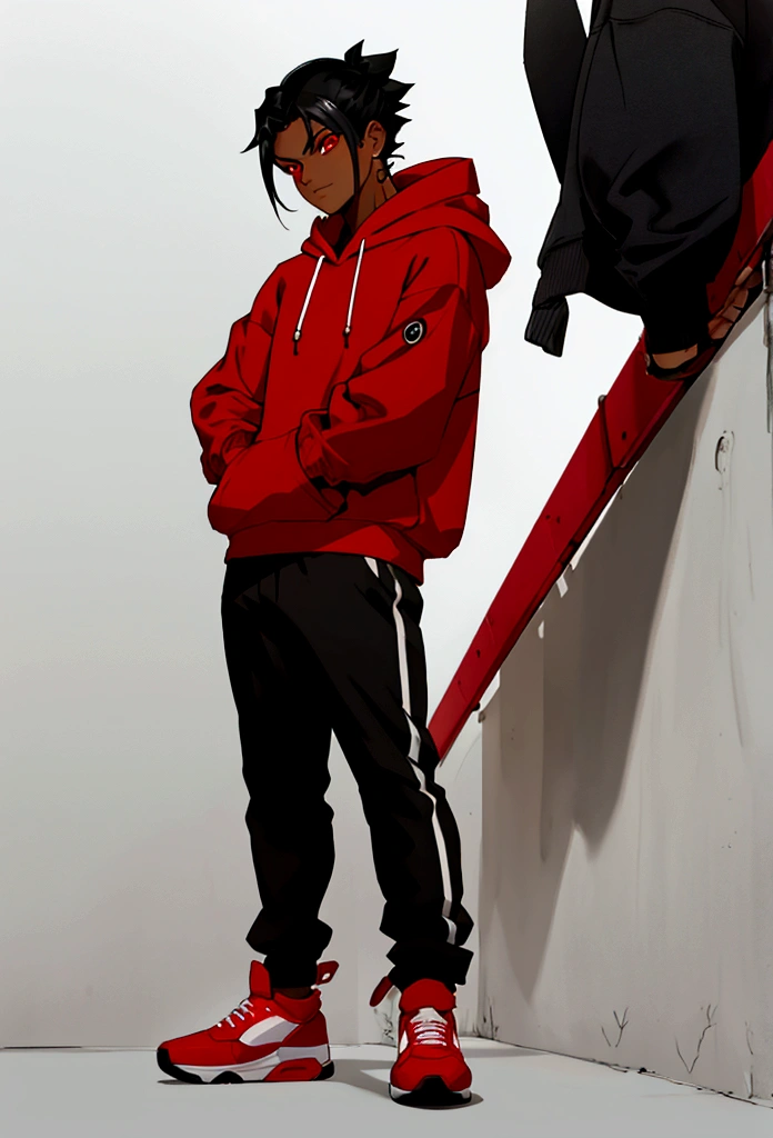 male character full body narutal pose red eyes dark skin black hair hoodie sweatshirt gray pants red sneakers perspective drawing
