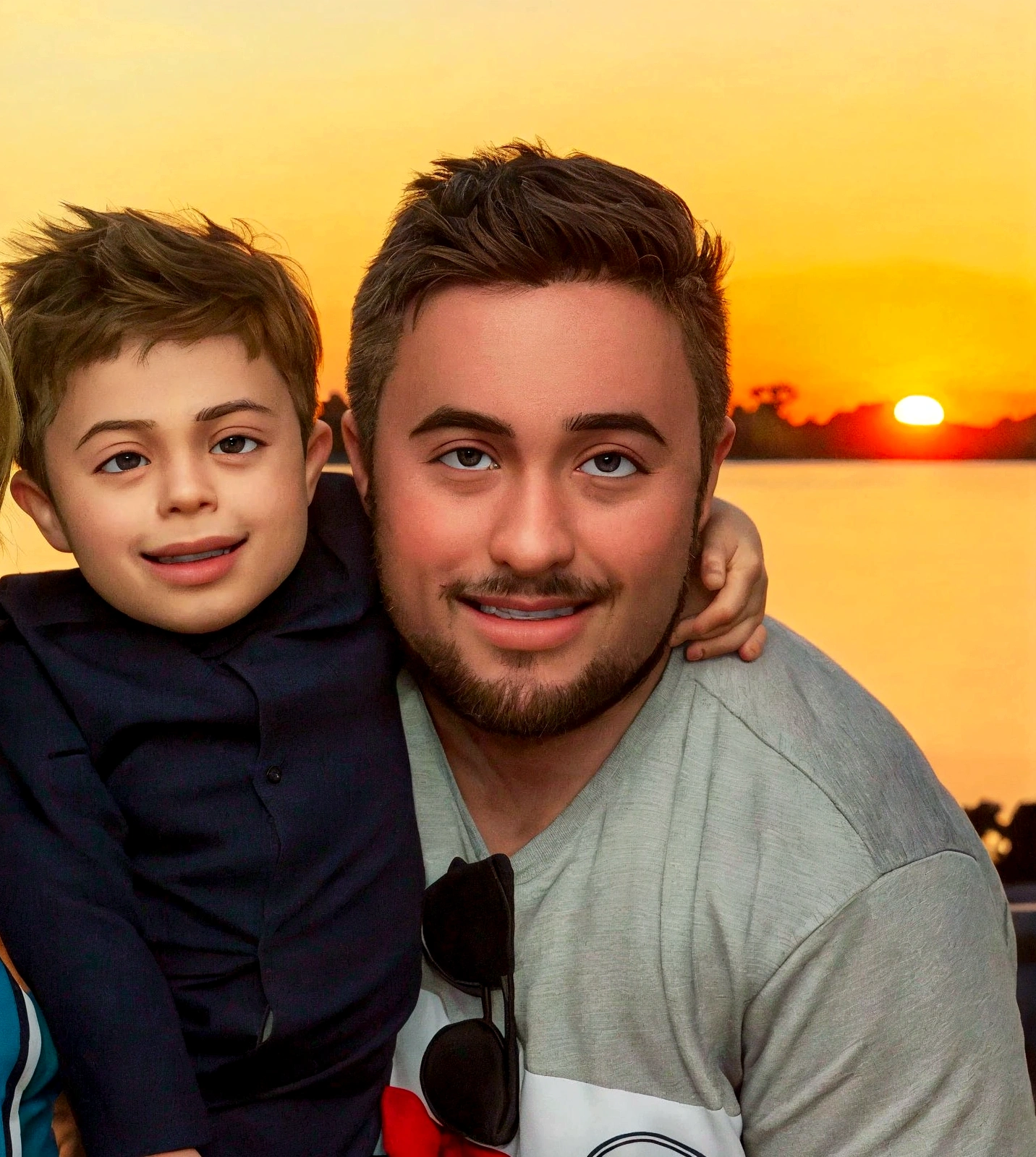 There's a man holding a child in his arms on the beach, with sunset, with a kid, with a sunset, at sunset, vacation photo, at a beautiful sunset, in the sunset, in the sunset, pai com filho, ao nascer do sol, on the beach at sunset, Sunset view, sunset in the background, at the beach on a sunset