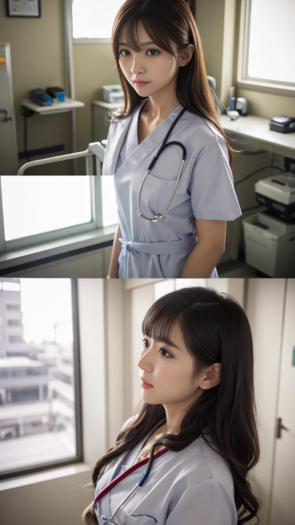 ((masterpiece,Highest quality)), (Like the picture:1.4),((Tabletop,8K)),High resolution,Studio Soft Light, Rim Light, Vivid details, Realistic skin texture,Japanese, One beautiful woman, Long Hair, Wavy Hair, Faint, thin bangs, compensate, 38 years old, Detailed skin, Nurse uniform, Are standing, Upper body photo, View your viewers、Inside the hospital、Hospital corridor