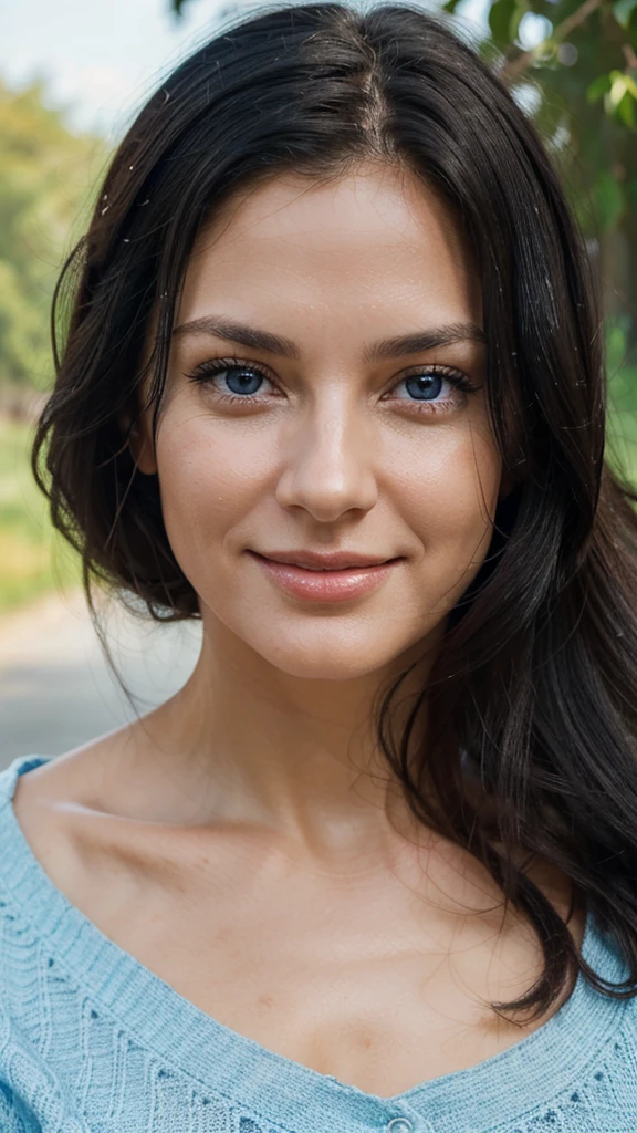 Depict a beautiful woman aged 40-45 with smooth black hair and bright blue eyes that radiate warmth and kindness. Her Slavic appearance is characterized by even facial features, clear skin, and a natural smile that reflects inner harmony.