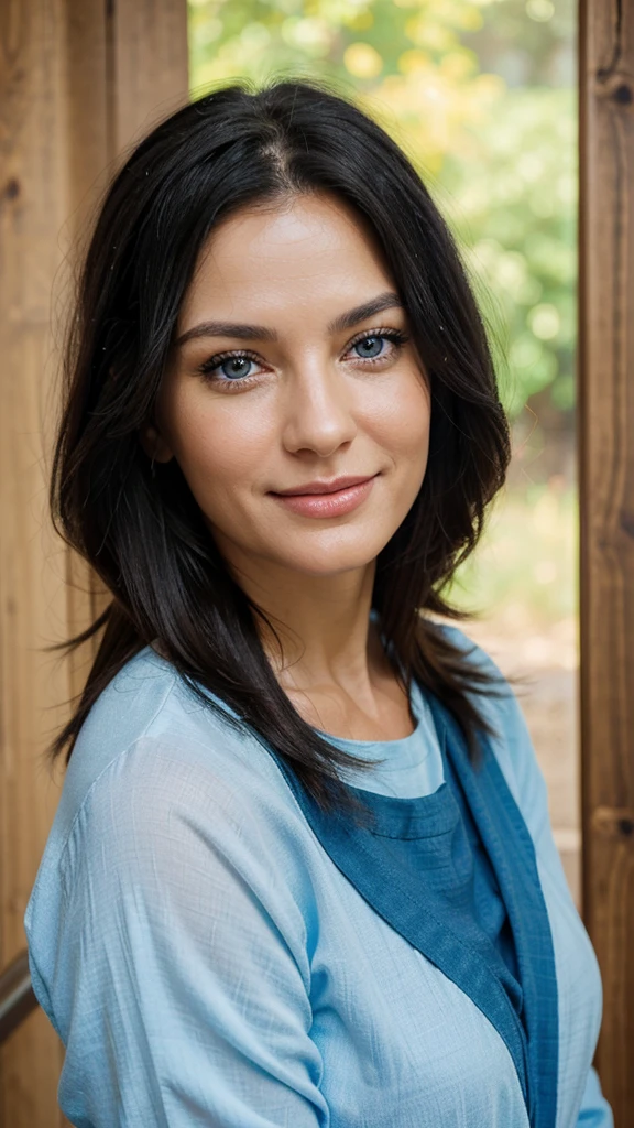Depict a beautiful woman aged 40-45 with smooth black hair and bright blue eyes that radiate warmth and kindness. Her Slavic appearance is characterized by even facial features, clear skin, and a natural smile that reflects inner harmony.
