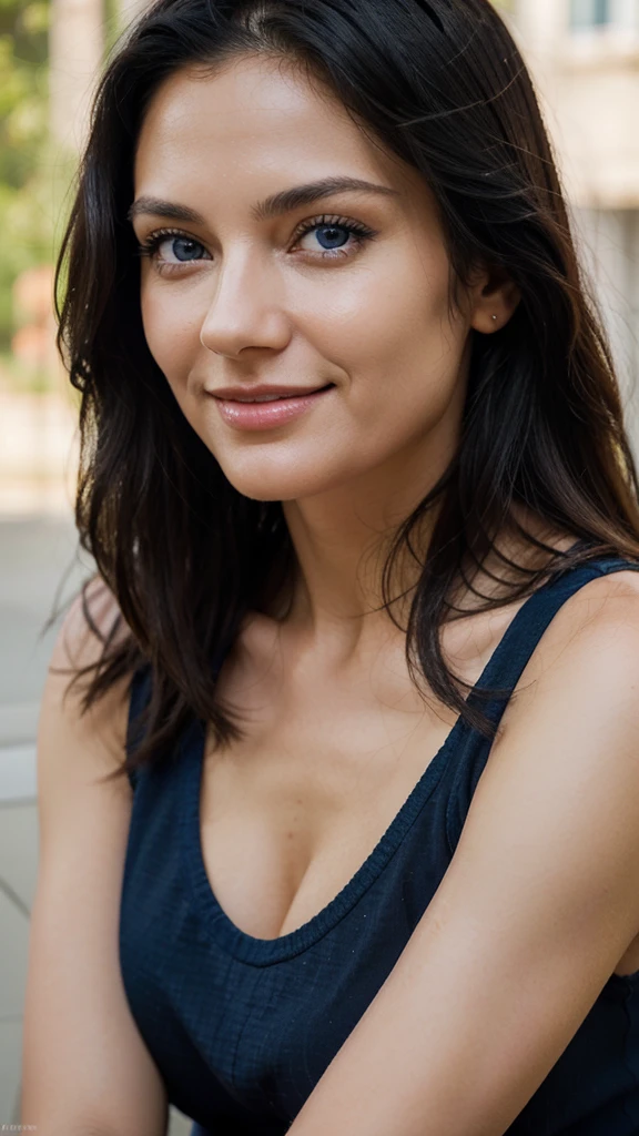 Depict a beautiful woman aged 40-45 with smooth black hair and bright blue eyes that radiate warmth and kindness. Her Slavic appearance is characterized by even facial features, clear skin, and a natural smile that reflects inner harmony.