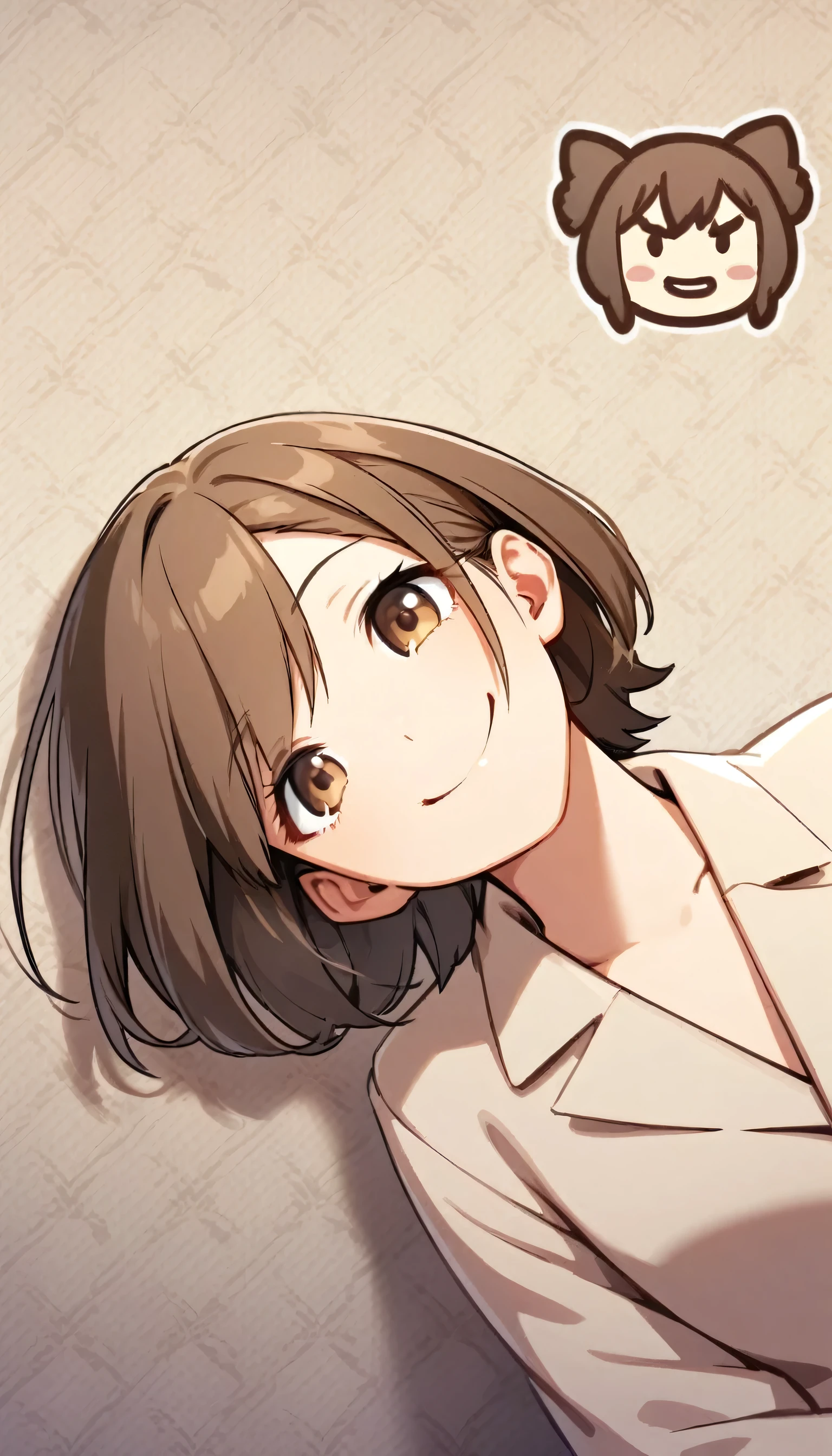 one person，Brown hair，Big Sister，beige coat，Lazy，Smile，Half Body，one person，Natural facial expression，one person，short hair，wallpaper，There is only one person in the picture