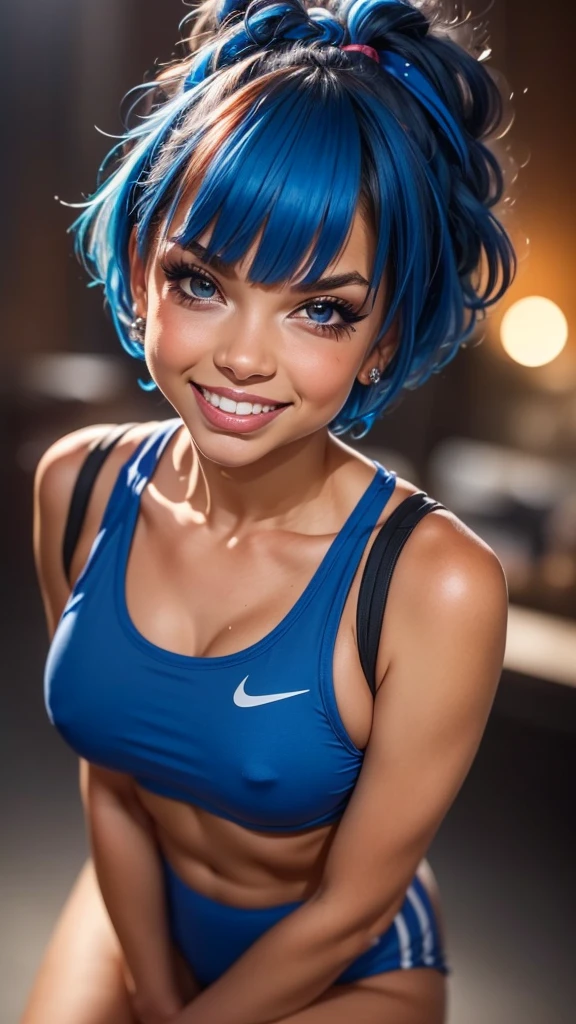 light smile,sweat,girl,training wear,push up,(blue hair:1.2), (blue eyes), (pixie cut:1.3), hair ribbon,sparkling,(ultra detailed perfect piece:1.2), illustration, masterpiece, (extremely detailed CG 8k), (very fine 8K CG),