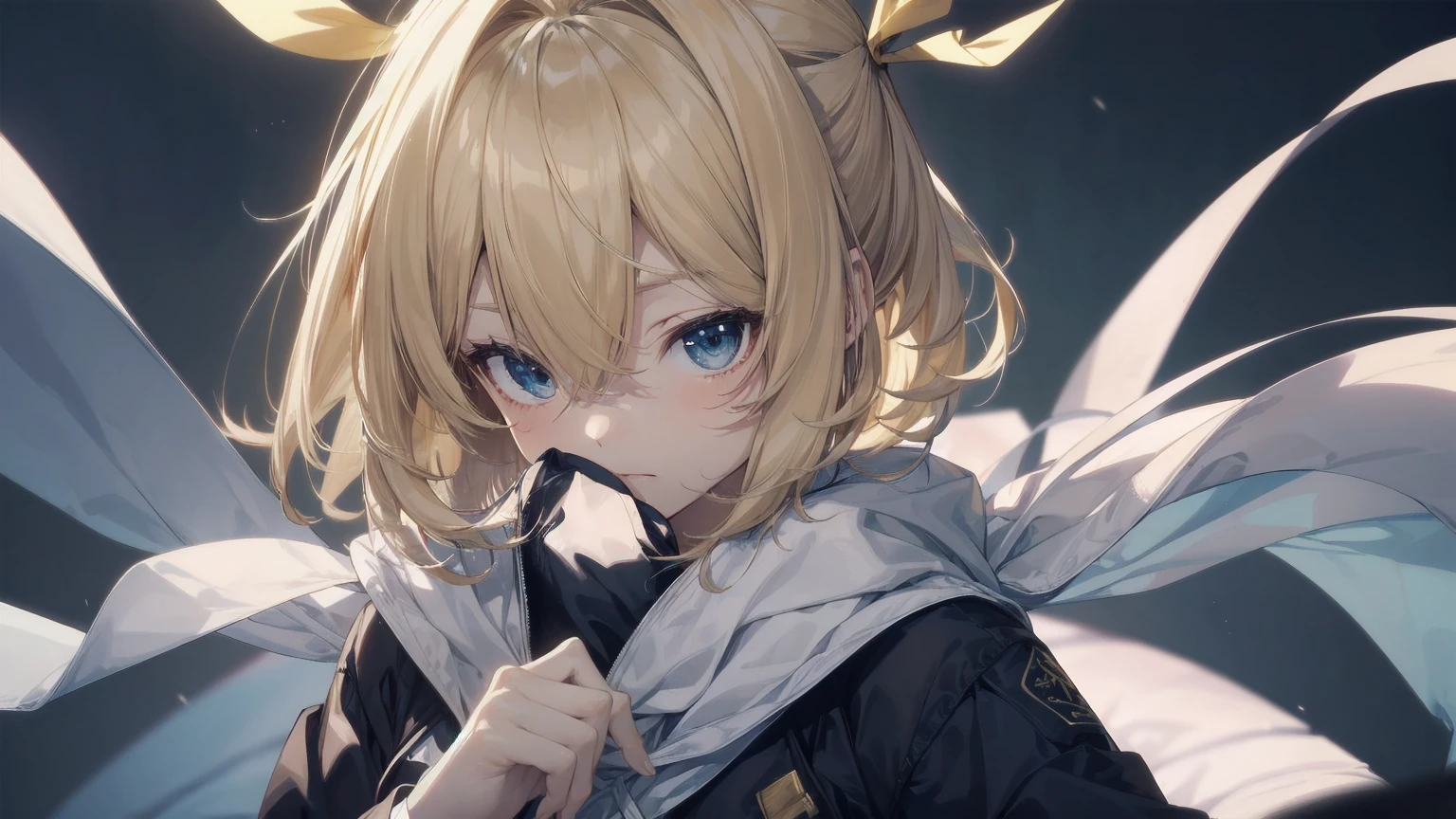 Highest quality, Anime Moe Art Style,Best Anime 8K Konachan Wallpaper,pixiv contest winners,Very detailed,High resolution,Ultra-Dense Skin, Professional Lighting,8K eye detail, (Cute illustrations:1.2),blonde,blonde hair,Expressionless,(Hair on one eye:1.5),Colorful and colorful short hair,Wearing a yellow apricot colored JK uniform and a white pleated skirt,knee-length white silk,Dignified and cute,A little sweet,Five Fingers,Firm fingers,A strong hand
