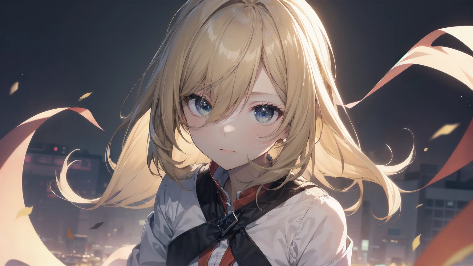 Highest quality, Anime Moe Art Style,Best Anime 8K Konachan Wallpaper,pixiv contest winners,Very detailed,High resolution,Ultra-Dense Skin, Professional Lighting,8K eye detail, (Cute illustrations:1.2),blonde,blonde hair,Expressionless,(Hair on one eye:1.5),Colorful and colorful short hair,Wearing a yellow apricot colored JK uniform and a white pleated skirt,knee-length white silk,Dignified and cute,A little sweet,Five Fingers,Firm fingers,A strong hand