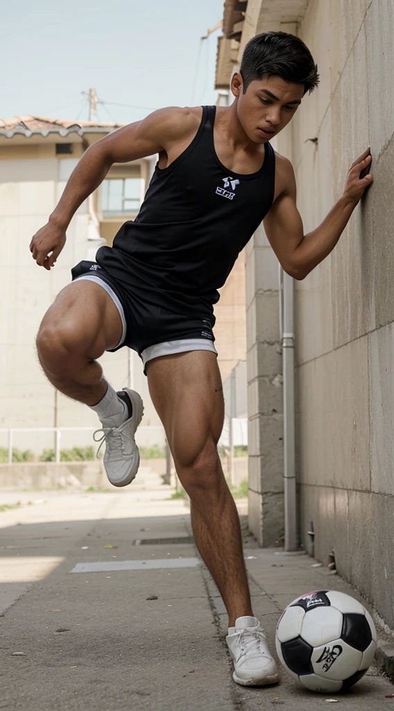 boy, street football player, athletic build, Peruvian nationality, in move, one leg is bent and kicks a soccer ball, one foot is on the ground, full length, semi profile, wearing a white sleeveless tank top and black shorts, Excellent quality, Photo, excellent dentalization, high quality