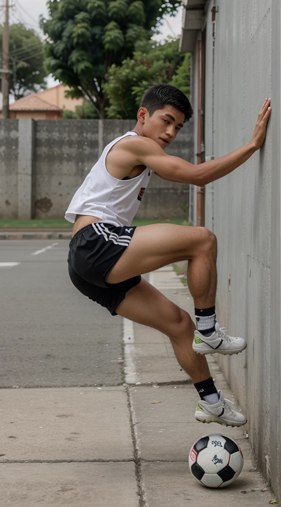 boy, street football player, athletic build, Peruvian nationality, in move, one leg is bent and kicks a soccer ball, one foot is on the ground, full length, semi profile, wearing a white sleeveless tank top and black shorts, Excellent quality, Photo, excellent dentalization, high quality