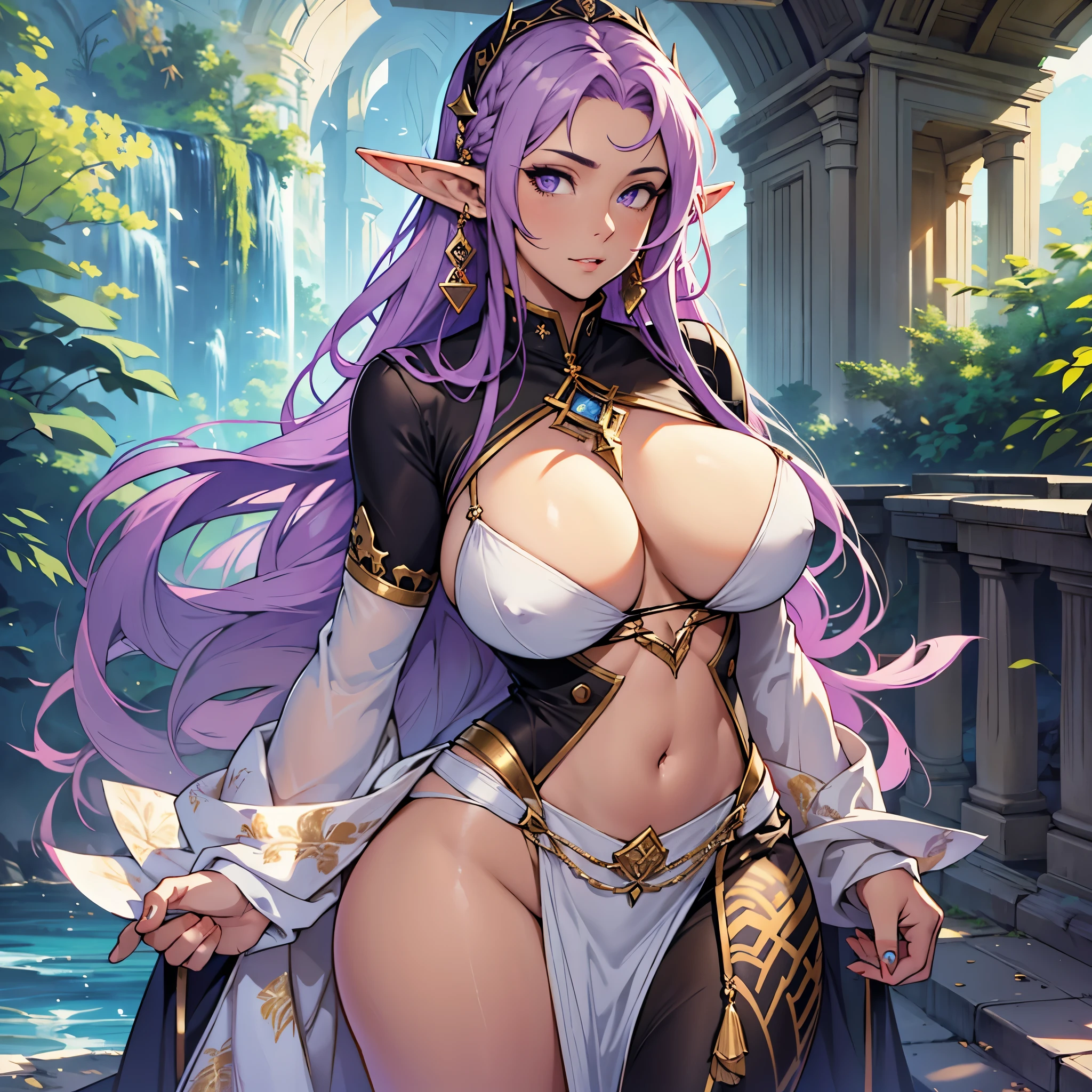 Beautiful woman , very long hair, elf ears , purple hair , golden eyes , big bust , light skin , mature woman ,Crossing the bridge ,huge breasts,voluptuous and sexy breasts