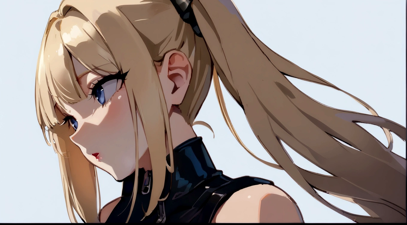 Blonde、back view,profile、1 person、No sleeve、ahegao、ponytail、blondes、amount、Blue Leather Shirt、sara、No sleeve、best quality, super fine illustration,(((beautiful fine hair))),(((beautiful fine face))),(((beautiful fine background))),blue-black leather pants, silver zipper,belt below the waist,super fine illustration,(((beautiful fine hair))),(((beautiful fine face))),(((beautiful fine background))),normal small size,bangs bangs ,(((beautiful fine hair))),(((beautiful fine face))),(((beautiful fine background))),blond hair , showing forehead, silver center zipper, leather blue black bodysuit, sleevelesblue blacks, shiny, blondes ponytail