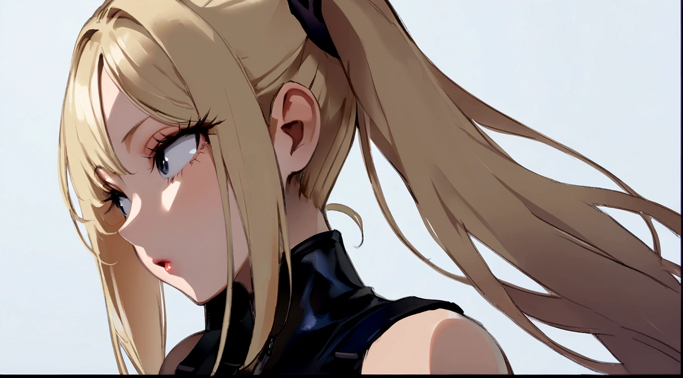 Blonde、back view,profile、1 person、No sleeve、ahegao、ponytail、blondes、amount、Blue Leather Shirt、sara、No sleeve、best quality, super fine illustration,(((beautiful fine hair))),(((beautiful fine face))),(((beautiful fine background))),blue-black leather pants, silver zipper,belt below the waist,super fine illustration,(((beautiful fine hair))),(((beautiful fine face))),(((beautiful fine background))),normal small size,bangs bangs ,(((beautiful fine hair))),(((beautiful fine face))),(((beautiful fine background))),blond hair , showing forehead, silver center zipper, leather blue black bodysuit, sleevelesblue blacks, shiny, blondes ponytail