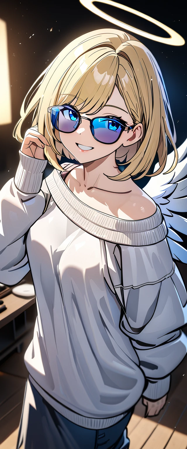 ((angel, big big white wings:1.3, halo:1.3)), ((from above)), (((sunglasses, hand to sunglasses))), (((cowboy shot))), archangel Uriel, ((wavy hair, inward curled hair)), evening, Sunset, ((blond hair, bob cut:1.3)), breasts, teenager, (looking at viewer), oversized clothes, puffy long sleeves, ((off-shoulder sweater:1.3, Quite thick shoulder straps)), ((white sweater)), collarbone, head tilt:1.3, (((blue eyes))), ((happy smile)), (((anime style))), (best quality, 4K, 8K, highres, masterpiece:1.2, ultra-detailed, ultra-detailed eyes, HDR, uhd, studio lighting, ultra-fine painting, sharp focus, physically-based rendering, extreme detail description, professional, vivid colors, bokeh)