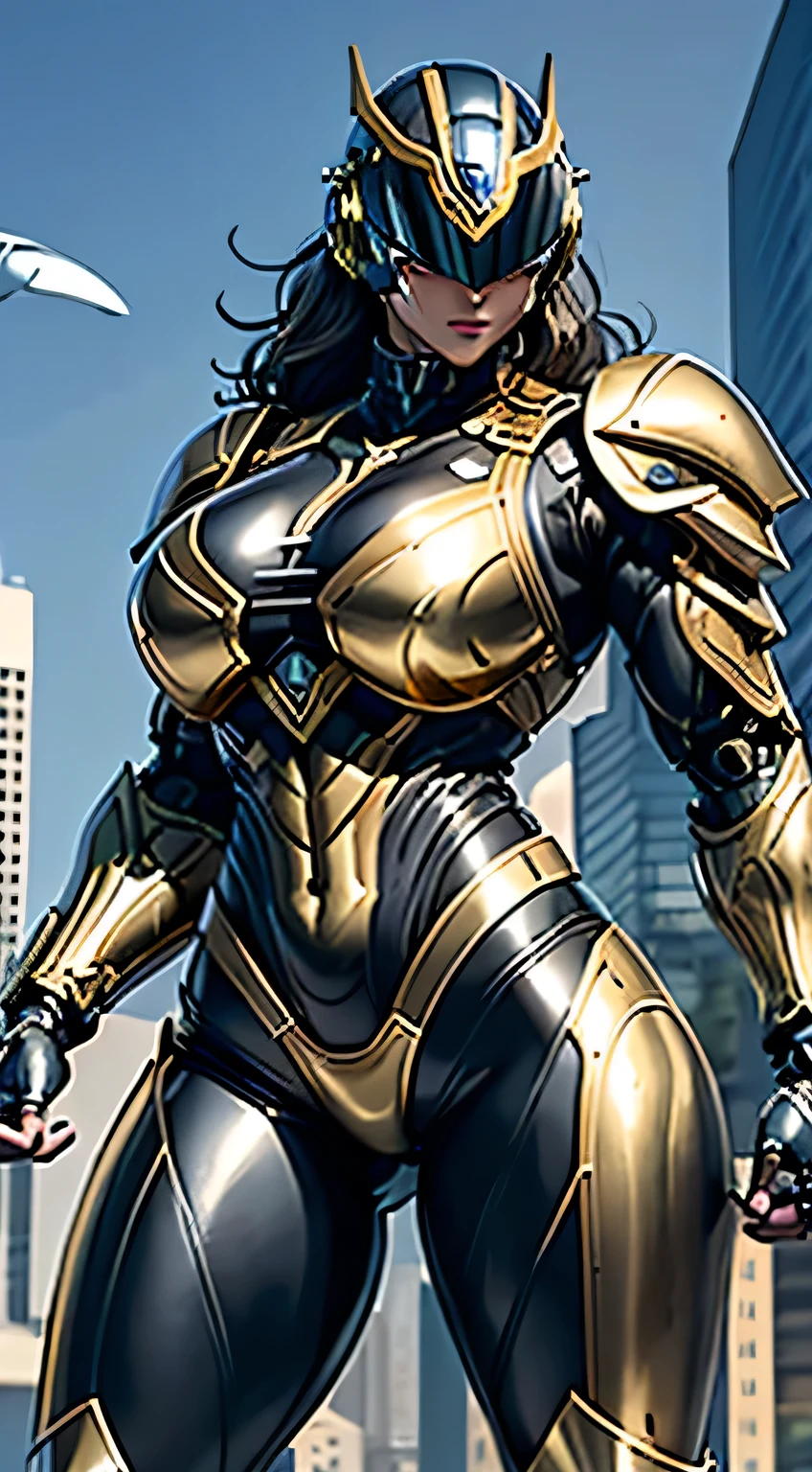 Female Robocop Solo、Bright outdoors、strong light source、8K, high quality, masterpiece, 最high quality, Crisp contrast、Very detailed、Full body armor、Very large armor、Helmet covering the head、Clear photos、His eyes are hidden by thin straight goggles:1.3、The lower half of the face is raw々Shii:1.5、The lower half of the face is exposed、Seductive lips、Black metallic armor、Gold accents、Armor that completely covers the chest、Long, slender legs、Vibrant Posselo Body View,Big and ample breasts:1.5, (Sports Body:1.5)、Five Fingers、Hold a handgun、In the city