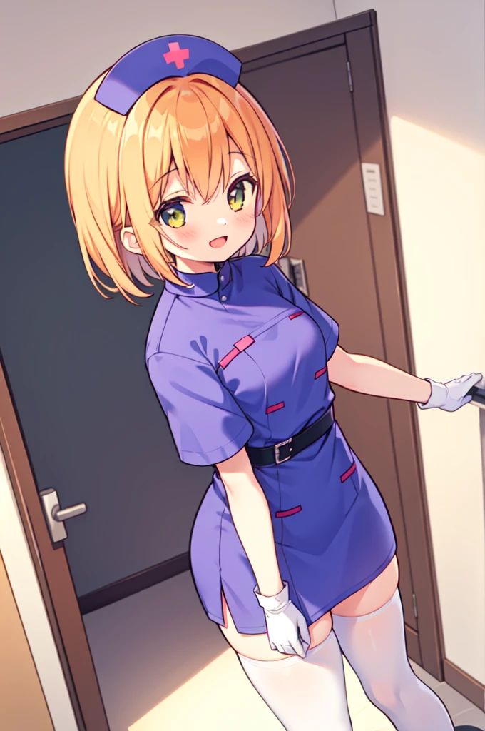 1girl, solo, nurse, nurse cap, white nurse uniform, ((white legwear, zettai ryouiki)), white gloves, very short hair, orange hair, smile, open mouth, standing, ((hospital room)), sharp outline, short sleeves, tomboy, boyish, best quality, masterpiece