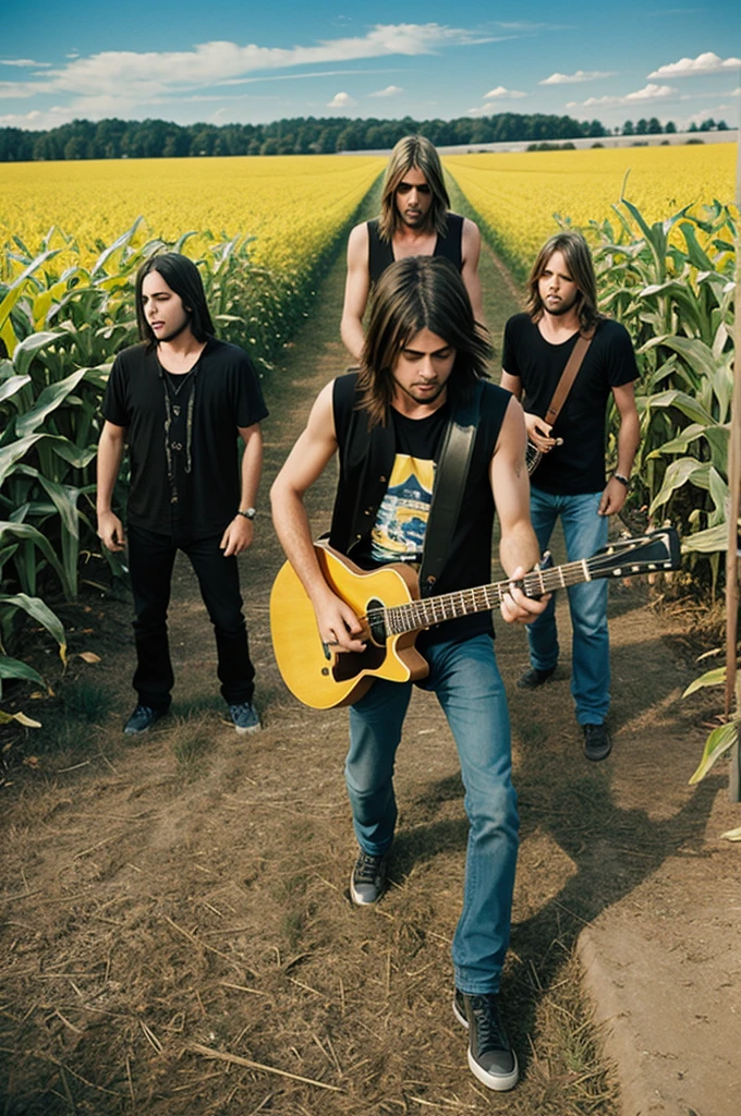 Create an image of Nirvana performing a live concert in a cornfield.