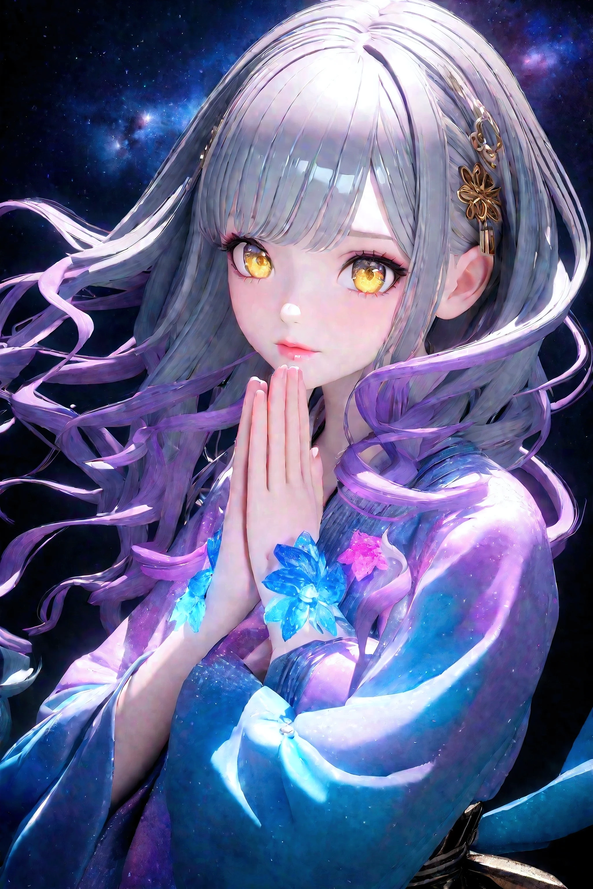 , Anime Art Wallpapers 8K, best anime 4k , anime art wallpaper 4k, anime art wallpaper 4k, Anime Style 4k, detailed Digital Anime Art, Digital Anime Art, anime wallpaper 4k, anime wallpaper 4k, Holography in anime, Draw in neon colors:1 girl:future, transparent, 3d, Light, sf, digital art, Digital, scientific, Dark Background: electronic circuit: Draw in neon colors, 3d, masterpiece, Digital space, energy, beautiful, masterpiece, 8K, Light, family friendly, Vibrant, colorful, Nice, beautiful, Rich colors, beautiful ,. Magical Effects, Sparkling, beautiful Light ,Luxury Fashion,girl, Inji, Purple Hair, Yellow Eyes, Long Hair, Gray Hair, Gradient Hair,curl,Wave,Platinum Gradation,Fine details,Chic and stylish,Perfect Makeup,Glamorous expression,Beautiful and delicate eyes,Beautiful and delicate lips,Dior Pink Lip,Background Night,Bamboo,A wish strip,The Milky Way filled with stars,,White, red and blue yukata,,Dark blue band,There is only one bell hanging from the obi.,Draw down to your feet,protocol,colorful,Sad expression,Like waiting for someone,Background with rolled up stars々,Background with rolled gemstones,Praying expression on the top right,