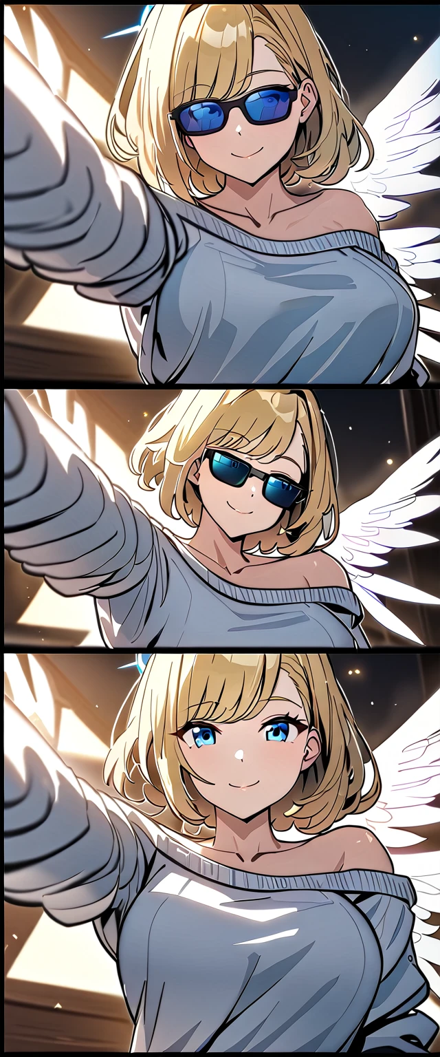 ((angel, big big white wings:1.3, halo:1.3)), ((from below)), (((sunglasses, hand to sunglasses))), (((cowboy shot))), archangel Uriel, ((wavy hair, inward curled hair)), evening, Sunset, ((blond hair, bob cut:1.3)), breasts, teenager, (looking at viewer), oversized clothes, puffy long sleeves, ((off-shoulder sweater:1.3, Quite thick shoulder straps)), ((white sweater)), collarbone, head tilt:1.3, (((blue eyes))), ((happy smile)), (((anime style))), (best quality, 4K, 8K, highres, masterpiece:1.2, ultra-detailed, ultra-detailed eyes, HDR, uhd, studio lighting, ultra-fine painting, sharp focus, physically-based rendering, extreme detail description, professional, vivid colors, bokeh)