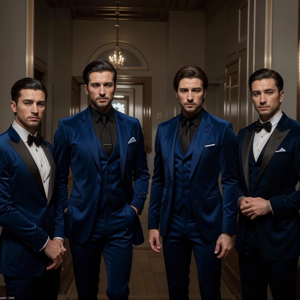 Three 30 -year-old men , with a masculine appearance, wearing a royal blue velvet coat and black pant of suit. The scene depicts a masterpiece of art, showcasing the men professional and wealthy lifestyle. The image is of the best quality, with ultra-detailed features. The color tone is rich and vibrant ,masterpiece, ultra realistic, detailed face, detailed fingers