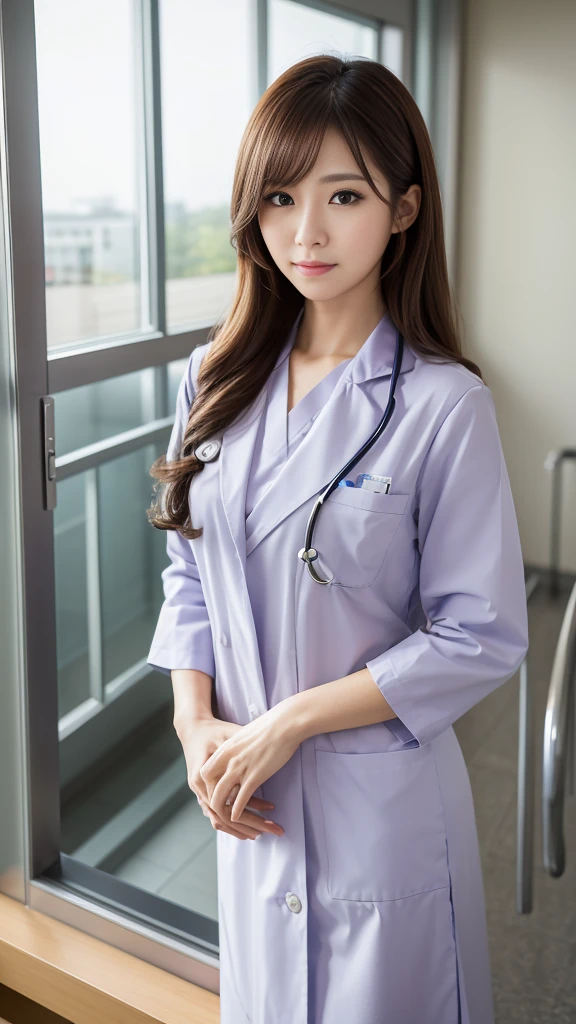 ((masterpiece,Highest quality)), (Like the picture:1.4),((Tabletop,8K)),High resolution,Studio Soft Light, Rim Light, Vivid details, Realistic skin texture,Japanese, One beautiful woman, Long Hair, Wavy Hair, Faint, thin bangs, compensate, 38 years old, Detailed skin, Nurse uniform, Are standing, Upper body photo, View your viewers、Inside the hospital、Hospital corridor
