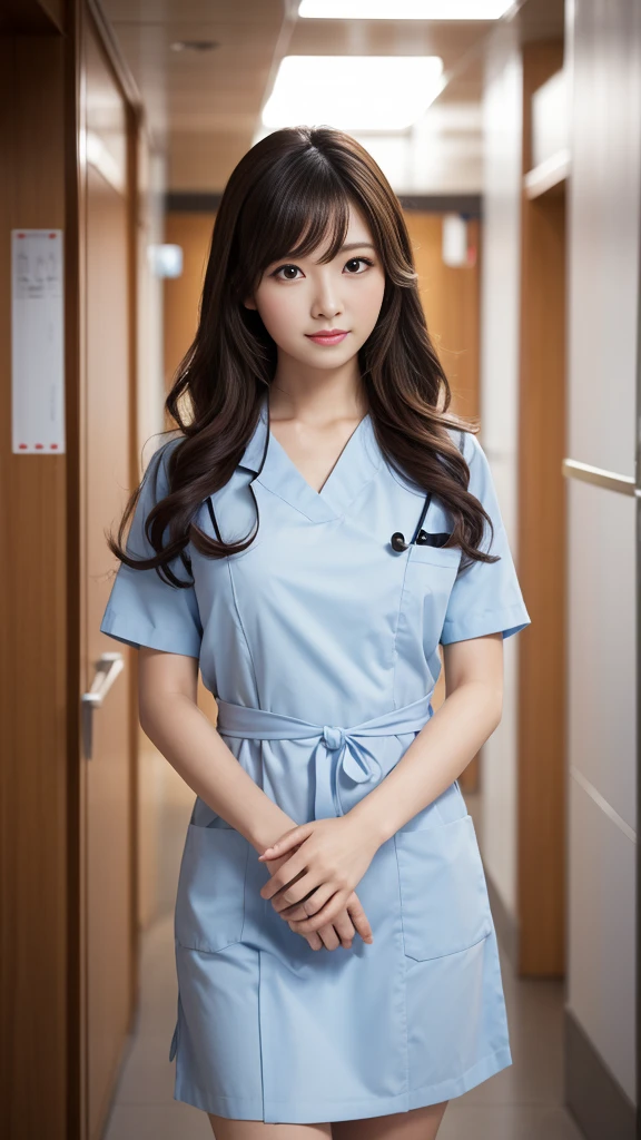 ((masterpiece,Highest quality)), (Like the picture:1.4),((Tabletop,8K)),High resolution,Studio Soft Light, Rim Light, Vivid details, Realistic skin texture,Japanese, One beautiful woman, Long Hair, Wavy Hair, Faint, thin bangs, compensate, 38 years old, Detailed skin, Nurse uniform, Are standing, Upper body photo, View your viewers、Inside the hospital、Hospital corridor