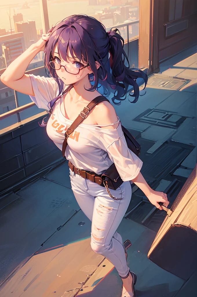 (1girl solo:1.2), cowboy shot (dutch angle from above:1.2), looking at viewer, pov,
(walking on stairs:1.2) in train station platform, railing, white t-shirt, jeans, shoulder bag strap between breasts paisura,
purple (wavy hair:1.2) medium, half updo, ears, red (eyewear:1.1), loose clothes, blush, sweatdrop, pumps,