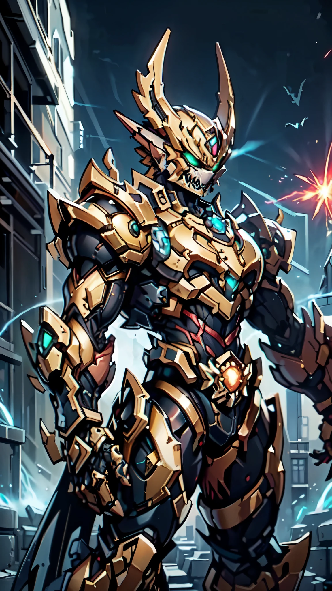 (masterpiece:1.5, best quality:1.5, extremely delicate:1.5, perspective:1.5, foreshortening:1.5, dynamic angle:1.5), a man wearing a full-face helmet, a fantasy-style biotech armored combat suit, green eyes, (a composite layered chest armor), fully enclosed shoulder guards, matching arm and leg guards, the belt is adorned with fangs biting into orbs, (the color scheme is primarily black with red accents), the design balances heavy with agility, a high-tech bio-mecha armor, (Armor Concept Inspired by Bat, stand on the top of a skyscraper in a futuristic sci-fi city), this character embodies a finely crafted fantasy-surreal style armored hero in anime style, exquisite and mature manga art style, (element, plasma, energy, the armor glows), ((male:1.5)), metallic, high definition, highres, ultra-detailed, ultra-fine painting, professional, perfect body proportions, golden ratio, anatomically correct, symmetrical face, extremely detailed eyes and face, high quality eyes, creativity, RAW photo, UHD, 32k, Natural light, cinematic lighting, masterpiece-anatomy-perfect